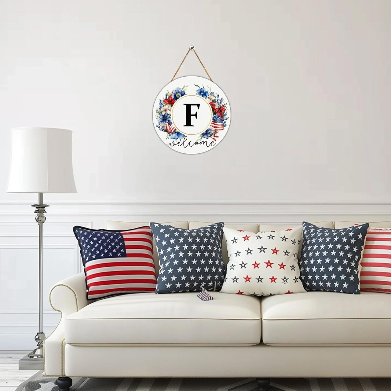 Patriotic Decorations Monogram Letter F 4th of July Wreaths for Front Door Wreath Wooden Welcome Sign